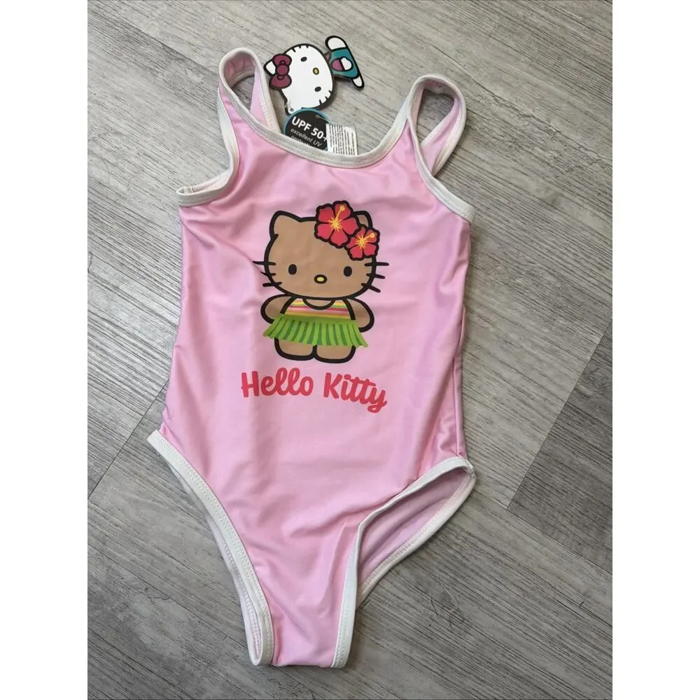 Hello Kitty Aloha Hawaii Swimsuit Girls XS 4/5 Pink One Piece UV Protection